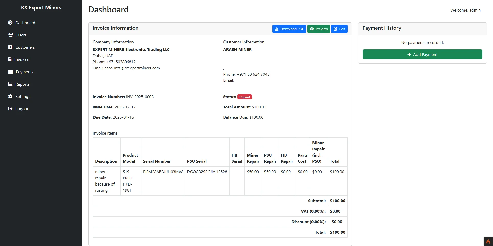 Invoices Generation Panel